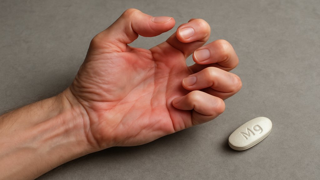 Muskelkrämpfe in der Hand mit einer Magnesiumtablette daneben.