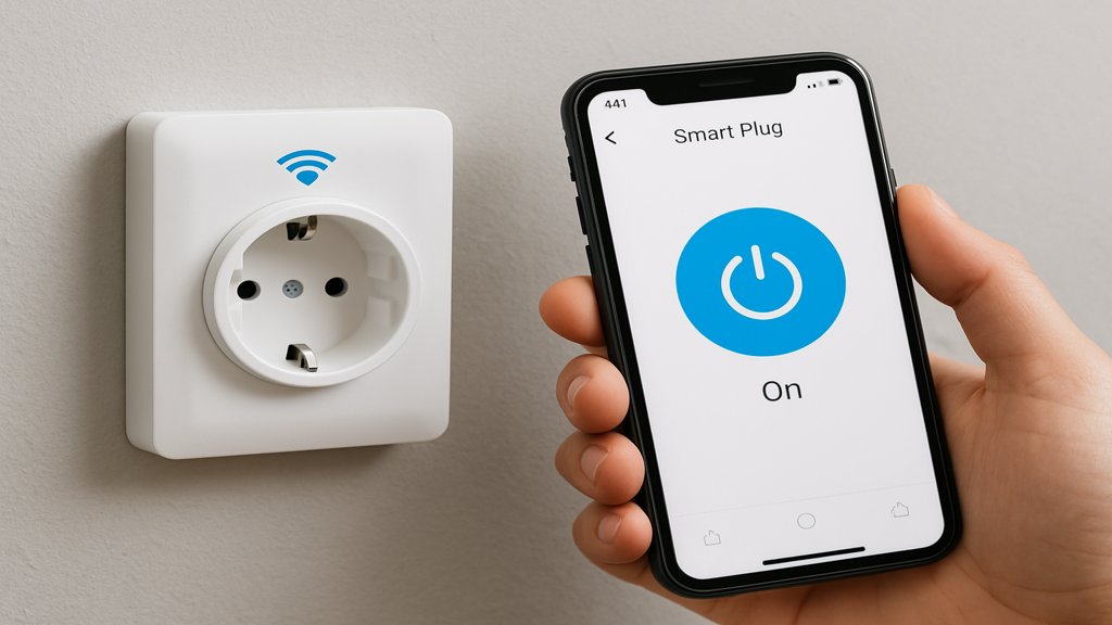 Nahaufnahme einer WLAN-Steckdose mit Smartphone-Steuerung.