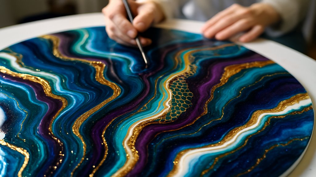 Nahaufnahme eines Resin Art Kunstwerks mit glänzenden Farben und Mustern.