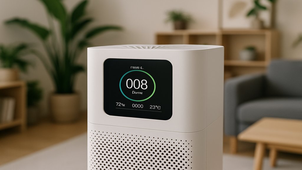 Nahaufnahme eines smarten Luftreinigers mit Touchscreen-Display in einem modernen Wohnraum.