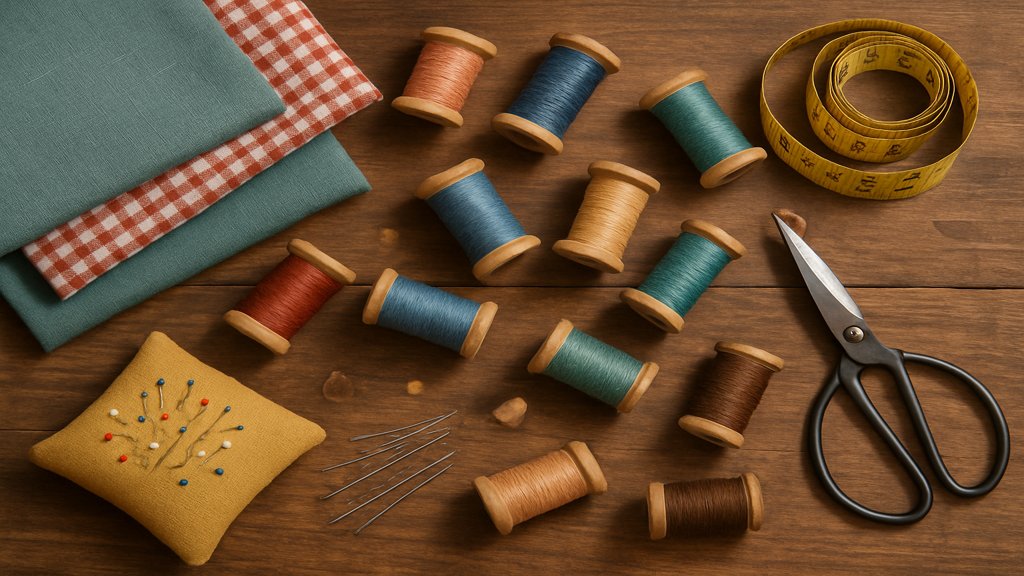 Nähutensilien wie Stoffe, Garnrollen und Scheren auf einem Holztisch.