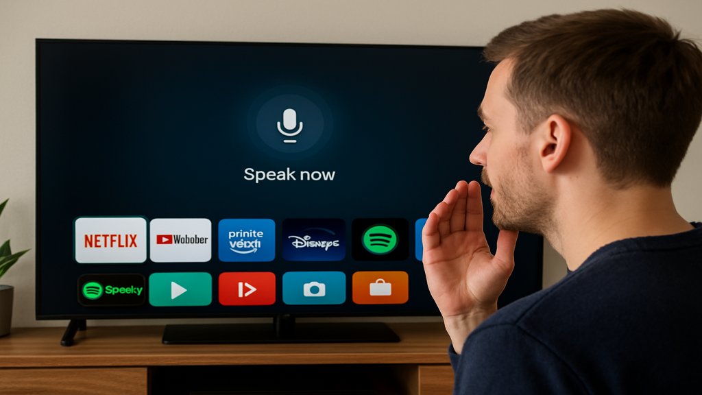 Person bedient einen Smart-TV mit Sprachsteuerung, Apps wie Spotify und Disney+ sind sichtbar.
