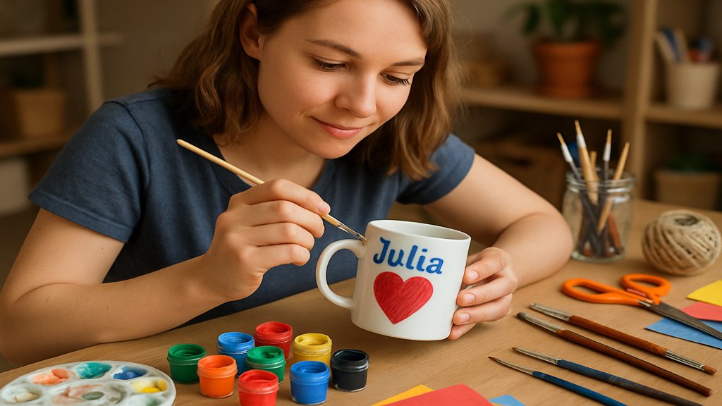 Person bemalt eine Tasse mit Farben und Pinseln.