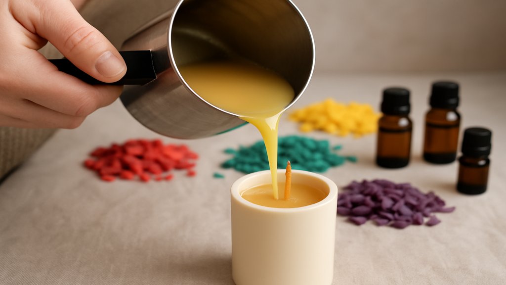 Person gießt Wachs in eine Kerzenform, um eine DIY-Kerze herzustellen.
