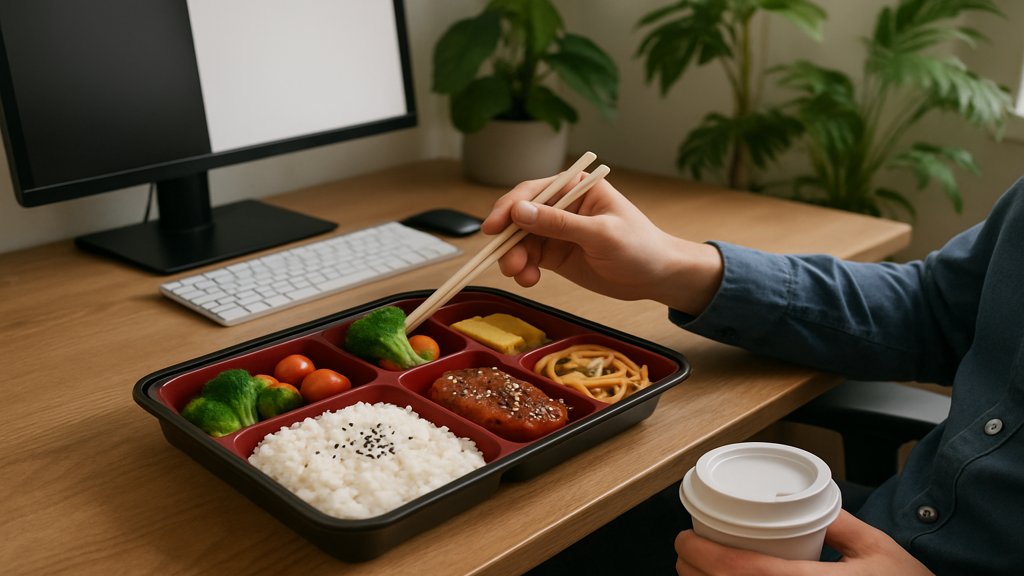 Person im Büro mit Bento-Box als Mittagessen.