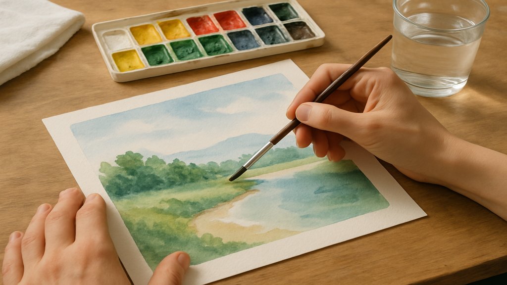 Person malt eine einfache Aquarelllandschaft, Fokus auf Hände und Pinsel.