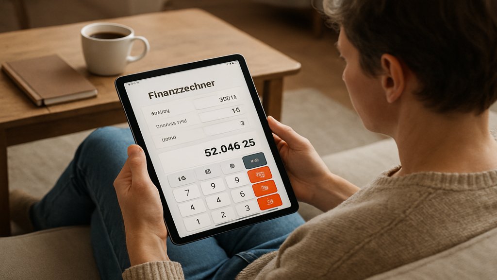 Person nutzt einen Sondertilgung Rechner auf einem Tablet im Wohnzimmer.