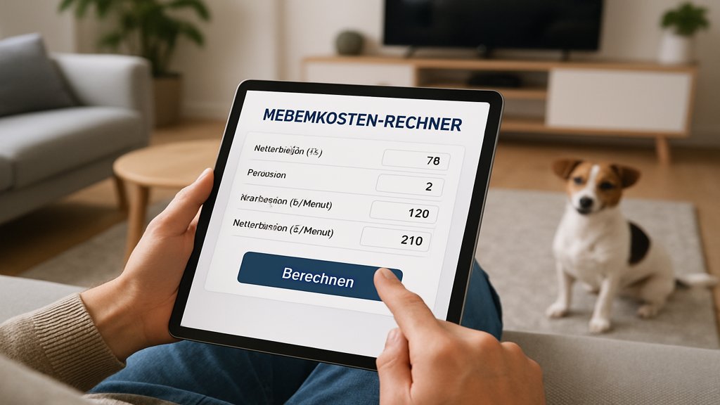 Person nutzt Tablet für einen Nebenkosten-Rechner.