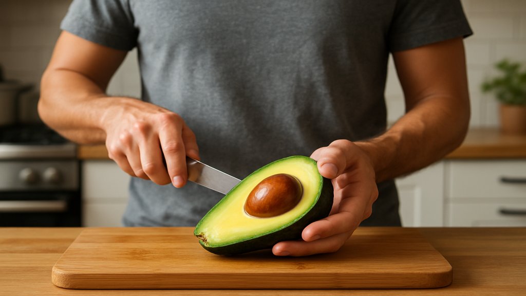 Person schneidet eine frische Avocado in der Küche auf.