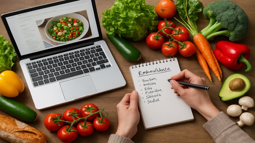 Person schreibt eine Einkaufsliste für Meal Prep, umgeben von frischen Zutaten.