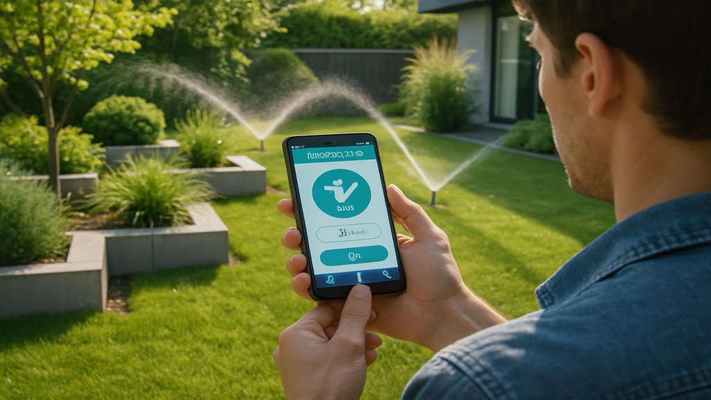 Person steuert die Gartenbewässerung über eine Smartphone-App.