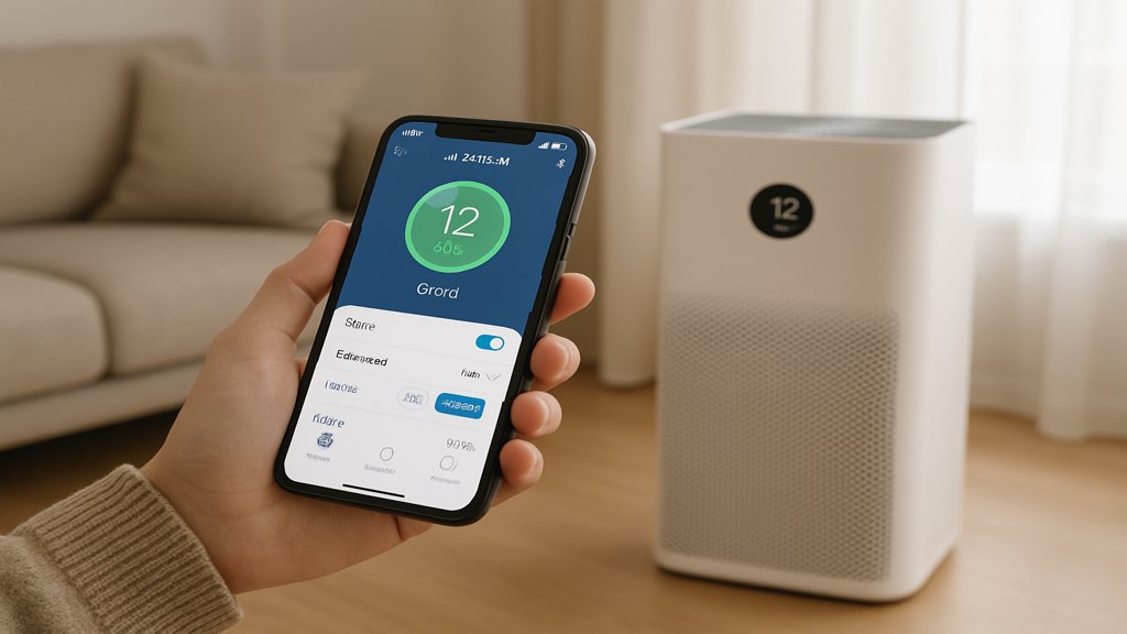 Person steuert einen smarten Luftreiniger mit einer Smartphone-App.