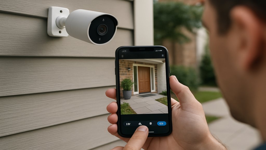 Person steuert Sicherheitskamera per Smartphone-App.