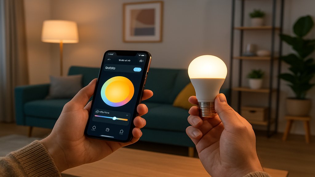 Person steuert smarte Glühbirne über Smartphone-App.