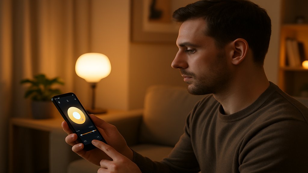 Person steuert smarte Lampe mit Smartphone in gemĂĽtlichem Ambiente.
