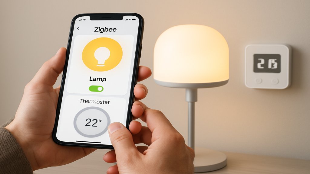 Person steuert Zigbee-Geräte im Smart Home mit einem Smartphone.