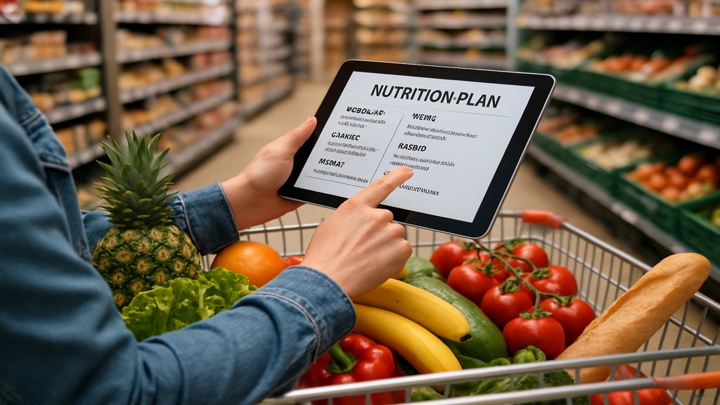 Person überprüft ihren Ernährungsplan auf einem Tablet beim Einkaufen.