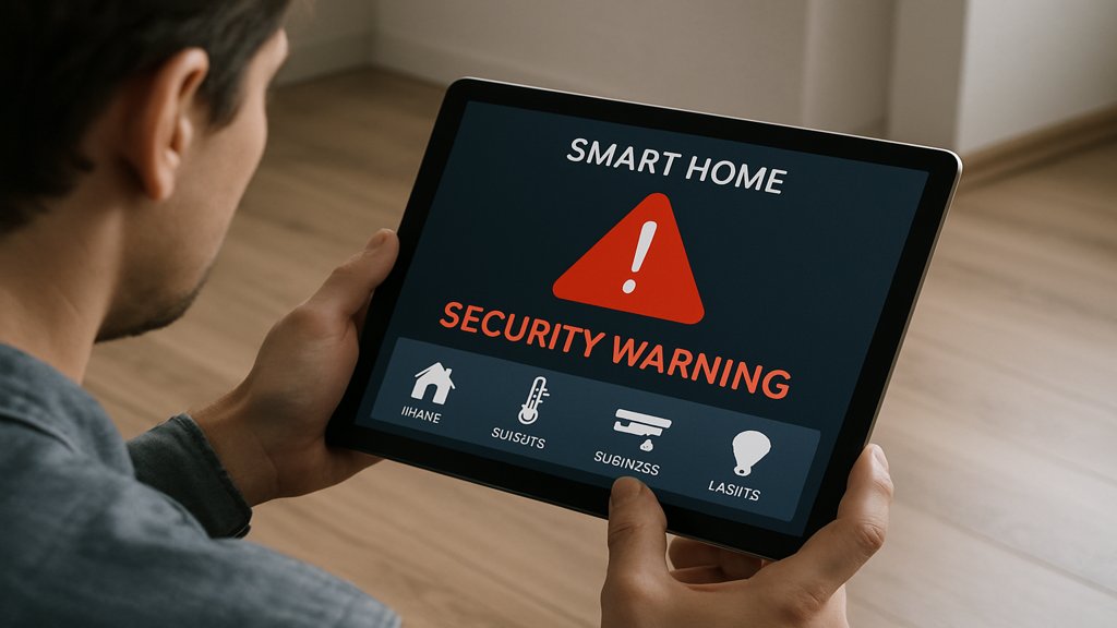 Person überprüft Sicherheitswarnung auf einem Smart Home-System.