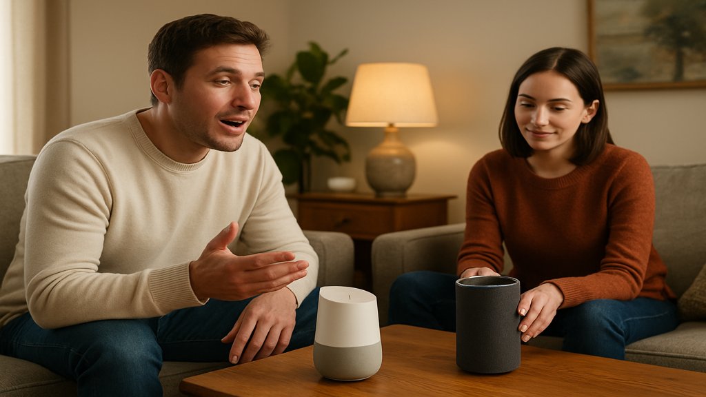 Personen, die Alexa und Google Home in einem Wohnzimmer verwenden.