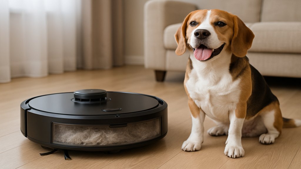 Saugroboter mit vollem Staubbehälter voller Tierhaare neben einem zufriedenen Hund.