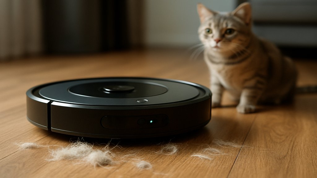 Saugroboter saugt Tierhaare von einem Holzboden, während eine Katze zuschaut.