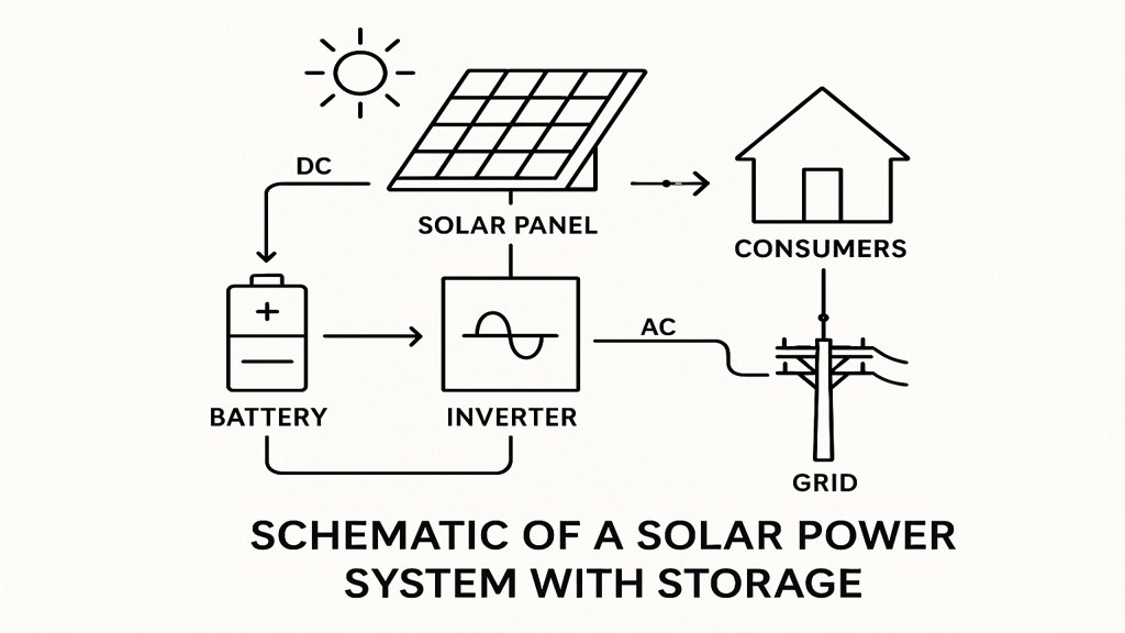 Schema einer Solaranlage mit Speicher und ihrer Funktionsweise.