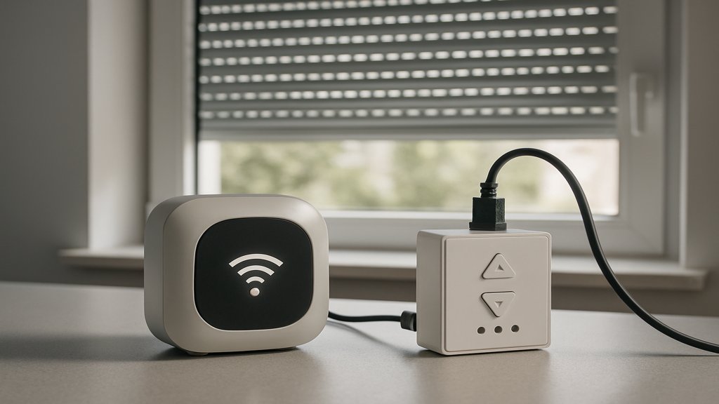 Smart-Home-Hub mit angeschlossener Rollladensteuerung vor einem Fenster.