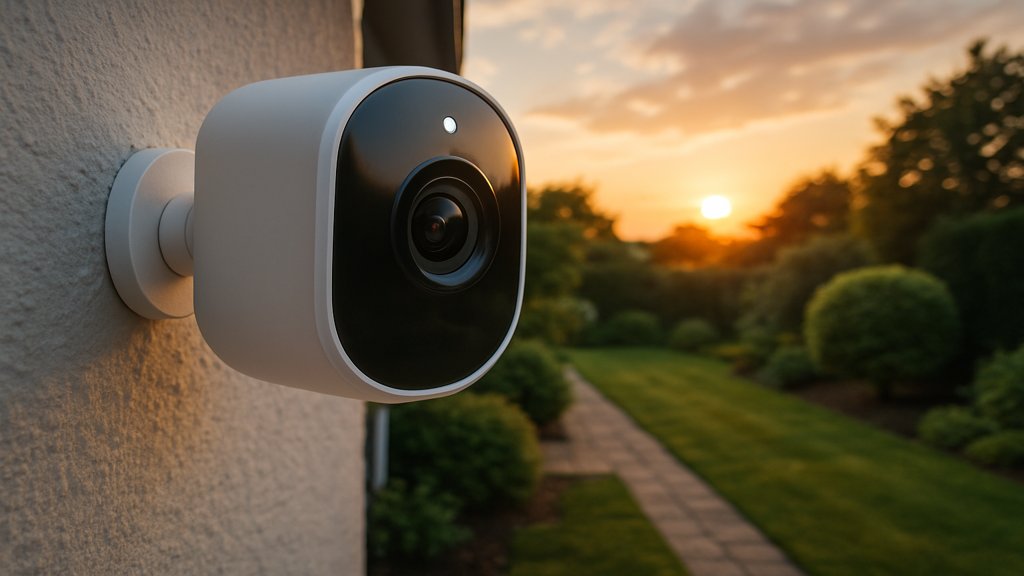 Smarte Sicherheitskamera an einer Hauswand mit Garten im Hintergrund.