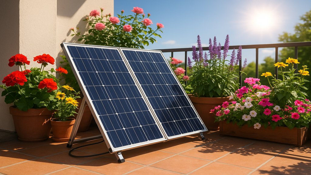 Solarpanels eines Balkonkraftwerks auf einem Balkon mit Pflanzen.