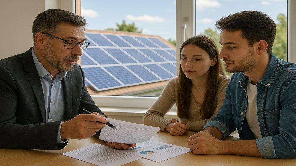 Steuerberater erklärt einem Paar die steuerlichen Aspekte ihrer Solaranlage.