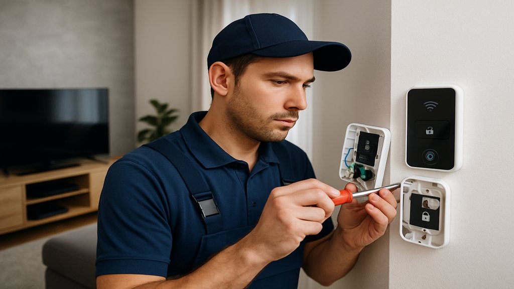 Techniker führt Sicherheitsupdate an einem Smart Home-Gerät durch.