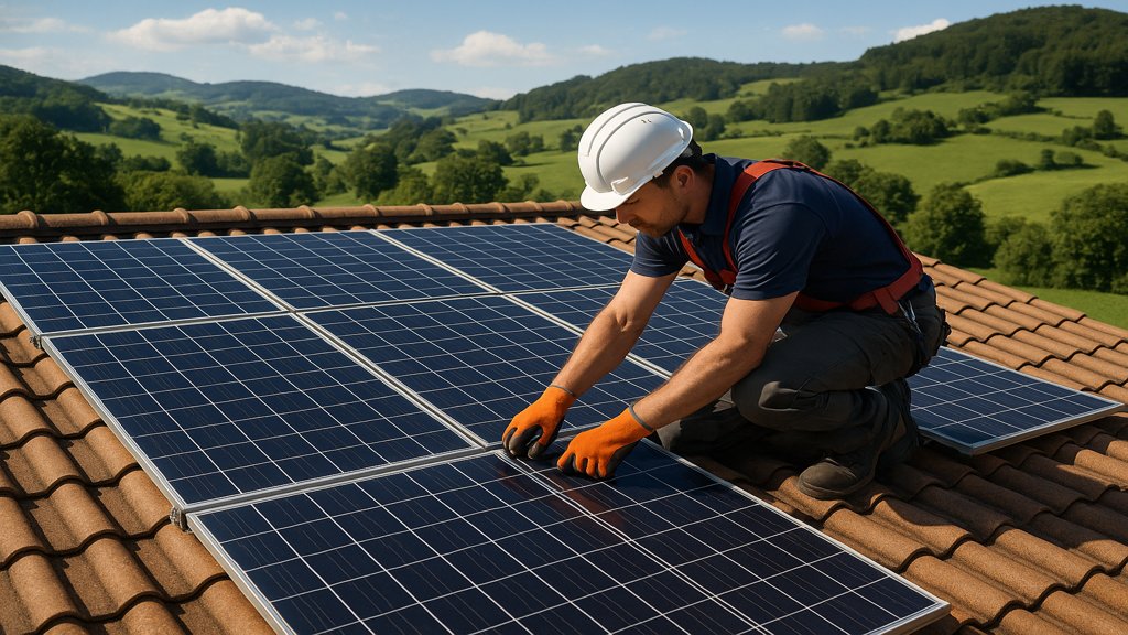 Techniker installiert eine Solaranlage auf einem Dach.
