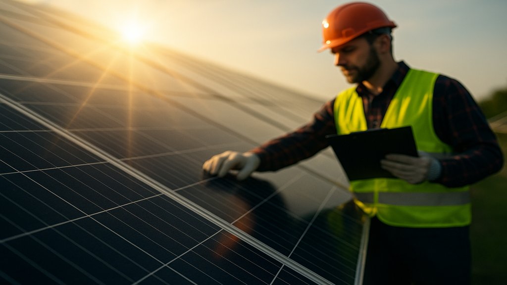 Techniker überprüft eine Solarpanel-Oberfläche bei Sonnenschein.
