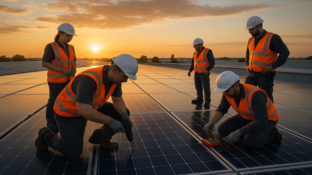 Techniker warten eine große Solaranlage auf einem Gewerbedach.