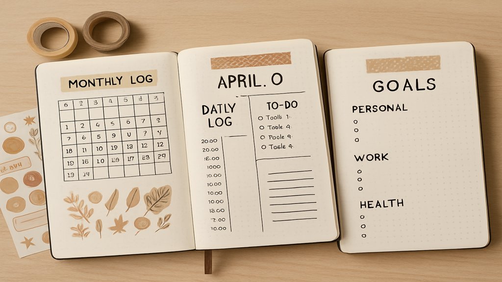 Verschiedene Bullet Journal Layouts, darunter eine Monatsübersicht, Tagesplanung und Zielseite.