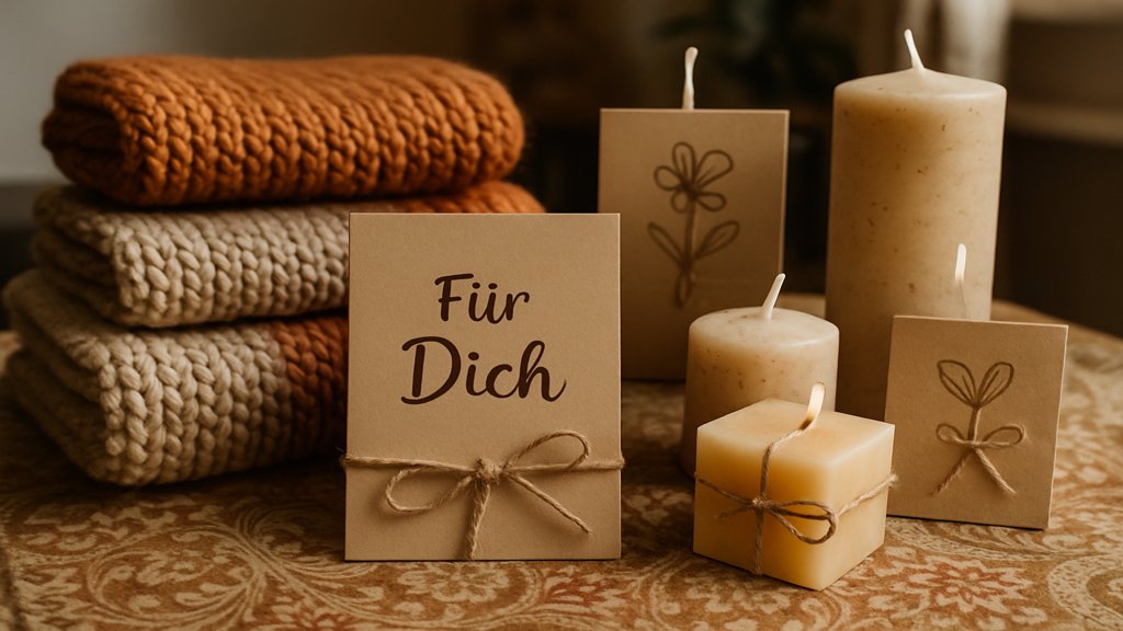 Verschiedene selbstgemachte Geschenke wie Kerzen, Schals und Karten auf einem Tisch.