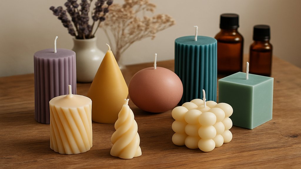 Verschiedene selbstgemachte Kerzen in kreativen Designs und Farben.