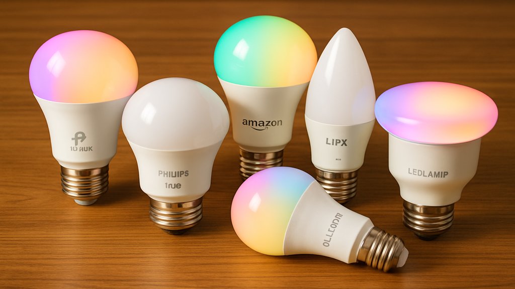 Verschiedene smarte GlĂĽhbirnen und LED-Lampen auf einem Tisch.