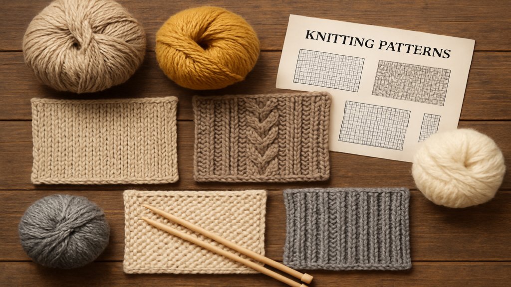 Verschiedene Strickmuster und Garnarten auf einem Holztisch mit Anleitung und Stricknadeln.