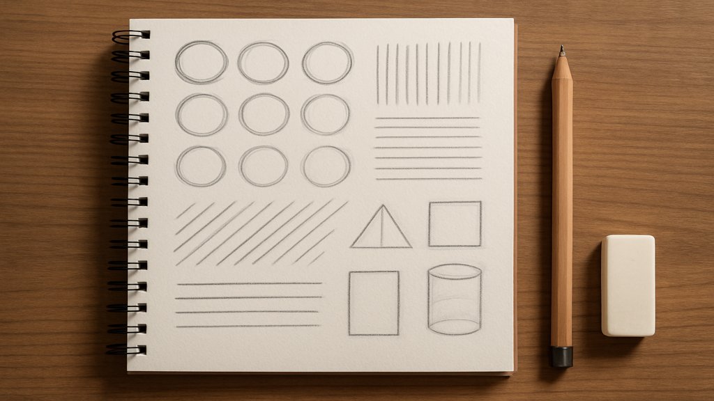 Zeichenblock mit Übungsbeispielen wie Kreisen und Linien, neben einem Bleistift und Radiergummi.