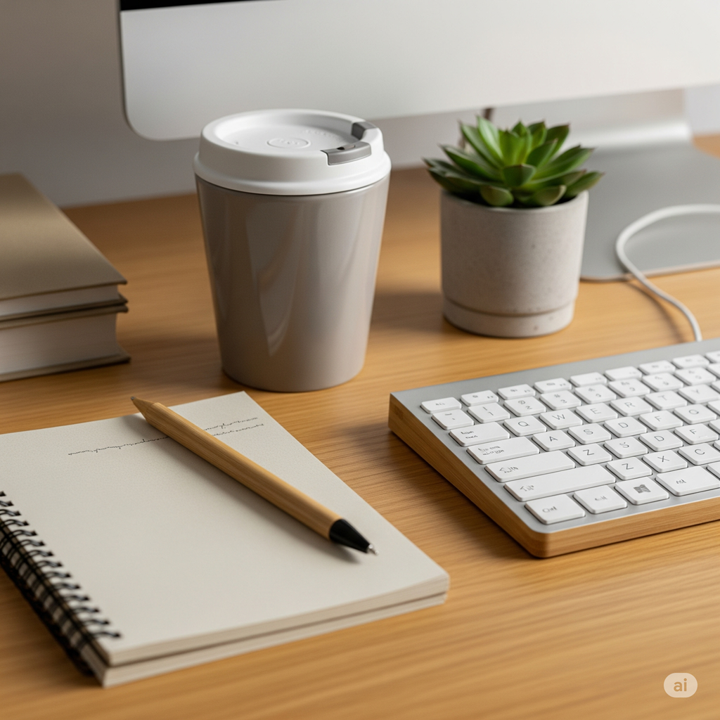 Ratgeberfokus - Nachhaltigkeit im Büro - Nachhaltiger Schreibtisch mit wiederverwendbarem Becher und Arbeitsmaterialien aus Recycling-Stoffen