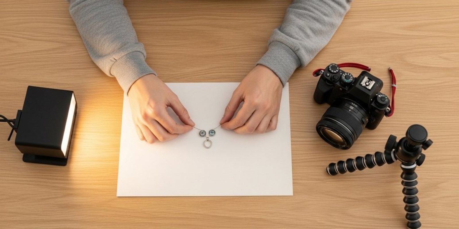 Anfänger bei der Einrichtung eines Setups für die Produktfotografie von Schmuck.