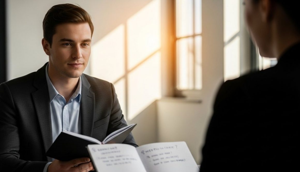 Bewerber stellt im Vorstellungsgespräch kluge Fragen an den Arbeitgeber.