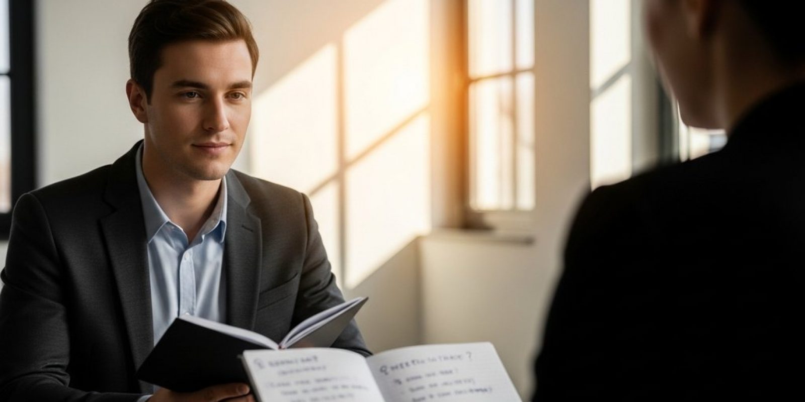 Bewerber stellt im Vorstellungsgespräch kluge Fragen an den Arbeitgeber.