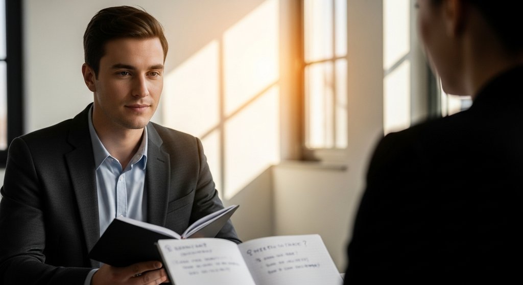 Bewerber stellt im Vorstellungsgespräch kluge Fragen an den Arbeitgeber.