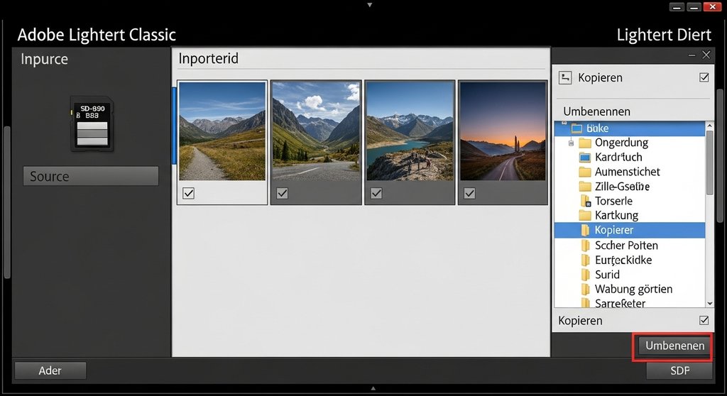 Der Import-Dialog in Lightroom für Anfänger mit Quell-, Vorschau- und Ziel-Bereich.