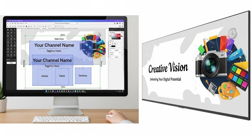 Designer erstellt ein YouTube Kanalbanner mit sichtbaren Hilfslinien für verschiedene Geräte.