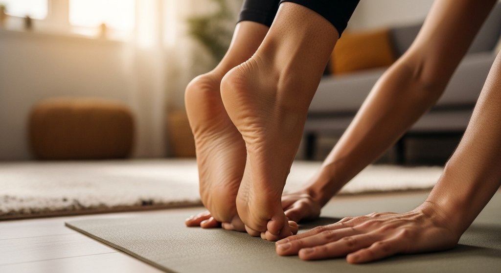 Detailaufnahme der 'Herabschauender Hund' Yoga-Pose auf einer Matte.