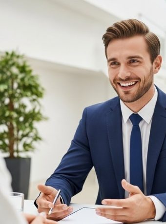 Ein Bewerber antwortet selbstbewusst auf die Frage nach Stärken und Schwächen im Vorstellungsgespräch.