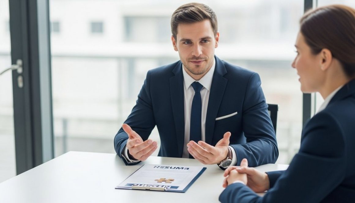 Ein Bewerber erklärt souverän eine Lücke im Lebenslauf während eines Vorstellungsgesprächs.